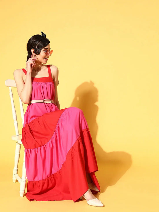 Women Red & Fuchsia ColourBlock Tiered Maxi Dress