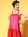 Women Red & Fuchsia ColourBlock Tiered Maxi Dress