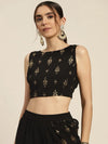 Women Black Foil Print Back Bow Tie Crop Top