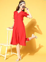 Women Red Front Open Midi Dress