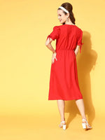 Women Red Front Open Midi Dress