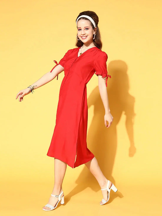 Women Red Front Open Midi Dress