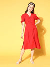 Women Red Front Open Midi Dress