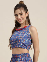 Women Blue Patola Sleeveless Crop Top