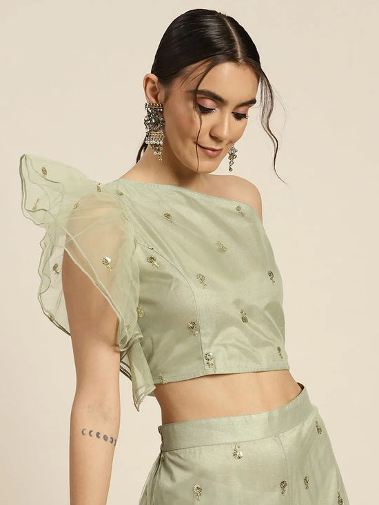 Women Olive Tulle Sequins One Shoulder Crop Top