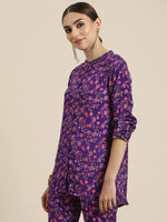 Women Purple Floral High Low Shirt