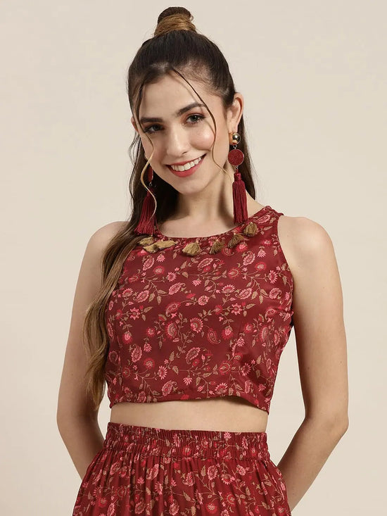 Women Maroon Floral Sleeveless Crop Top