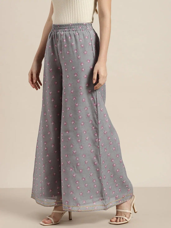 Women Grey Lotus Flared Palazzo Pants