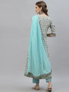 Women's Floral Printed Cotton AnarKali Kurta Pant Dupatta Set-SKYPEGGY-S