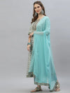 Women's Floral Printed Cotton AnarKali Kurta Pant Dupatta Set-SKYPEGGY-S