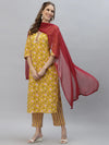 Women's Floral Printed Cotton Straight Kurta Pant Dupatta Set-ALIZAMUSTARD-S