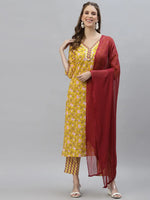 Women's Floral Printed Cotton Straight Kurta Pant Dupatta Set-ALIZAMUSTARD-S