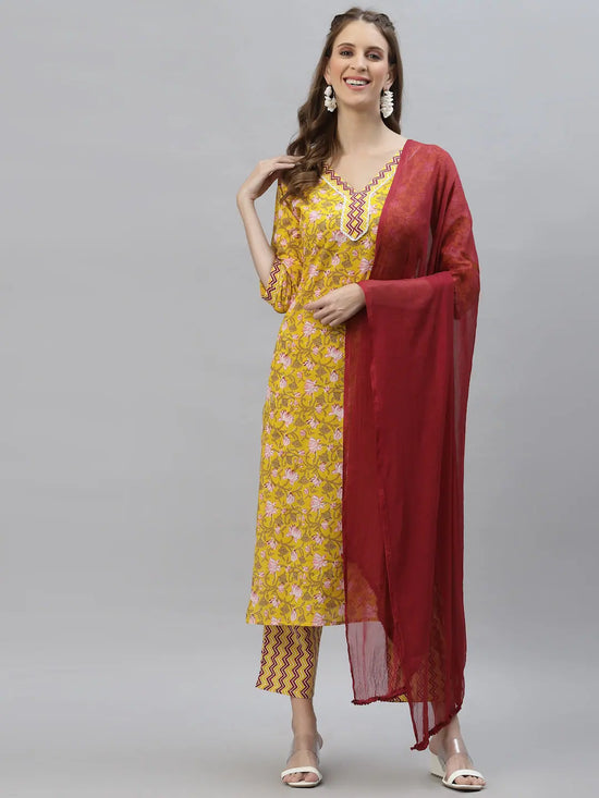 Women's Floral Printed Cotton Straight Kurta Pant Dupatta Set-ALIZAMUSTARD-S