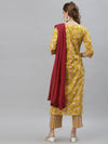 Women's Floral Printed Cotton Straight Kurta Pant Dupatta Set-ALIZAMUSTARD-S