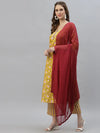 Women's Floral Printed Cotton Straight Kurta Pant Dupatta Set-ALIZAMUSTARD-S