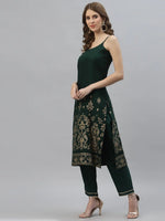 Women's Gold Printed Rayon Straight Kurta Pant Set-TULIPGREEN-S