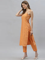 Women's Striped Cotton Blend Straight Kurta Pant Set-SALMONKNOT-XS