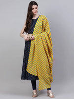 Women's Printed Rayon Flared Kurta Dupatta Set-Nodebluekdset-XS