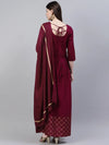 Women's Gold Printed Rayon Flared Kurta Dupatta Set-Winetrianglekdset-S