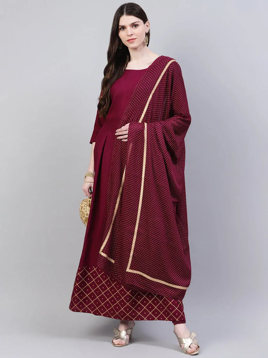 Women's Gold Printed Rayon Flared Kurta Dupatta Set-Winetrianglekdset-S