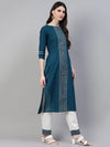 Women's Printed Cotton Straight Kurta Pant Dupatta Set-01F-Tealbluekpd-S