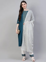 Women's Printed Cotton Straight Kurta Pant Dupatta Set-01F-Tealbluekpd-S