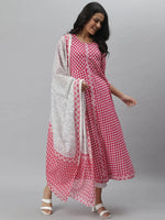 Women's Printed Cotton Flared Kurta Dupatta Set-Summerpinkkdset-S