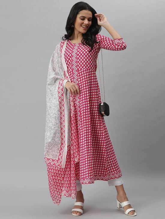 Women's Printed Cotton Flared Kurta Dupatta Set-Summerpinkkdset-S