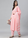 Women's Floral Printed Cotton Straight Kurta Pant Dupatta Set-KPDCANDYPINK-S