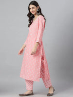 Women's Floral Printed Cotton Straight Kurta Pant Dupatta Set-KPDCANDYPINK-S