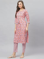 Women's Floral Print Cotton Straight Kurta Pant Set-KPKANCHIPINK-S