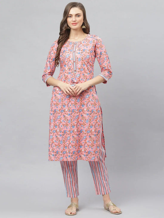 Women's Floral Print Cotton Straight Kurta Pant Set-KPKANCHIPINK-S