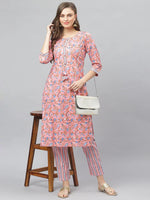 Women's Floral Print Cotton Straight Kurta Pant Set-KPKANCHIPINK-S