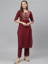 Women's Embroidered Rayon Straight Kurta Pant Set-KPLUCCAMAROON-S