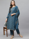 Women's Gold Printed Rayon Straight Kurta Pant Dupatta Set-KPDOPPOTEAL-S