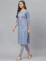 Women's Floral Print Cotton Straight Kurta Pant Set-KPKANCHIBLUE-S