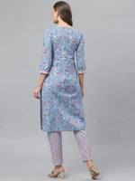 Women's Floral Print Cotton Straight Kurta Pant Set-KPKANCHIBLUE-S