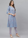 Women's Floral Print Cotton Straight Kurta Pant Set-KPKANCHIBLUE-S