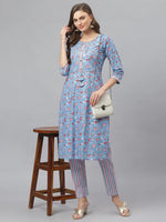 Women's Floral Print Cotton Straight Kurta Pant Set-KPKANCHIBLUE-S