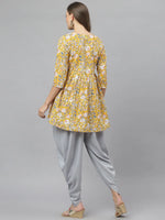 Women's Floral Printed Cotton Pleated Kurta Dhoti Pant Set