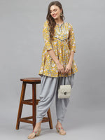 Women's Floral Printed Cotton Pleated Kurta Dhoti Pant Set