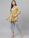 Women's Floral Printed Cotton Pleated Kurta Dhoti Pant Set