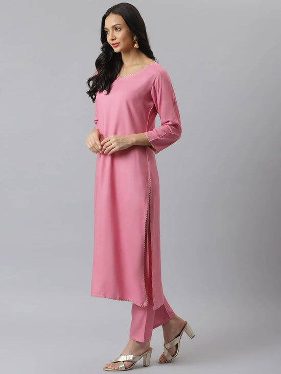 Women's Solid Rayon Straight Kurta Pant Dupatta Set-Kpdmoremulberrypink-S