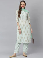 Women's Floral Print Rayon Straight Kurta Pant Dupatta Set-KPDMONTYGREEN-S