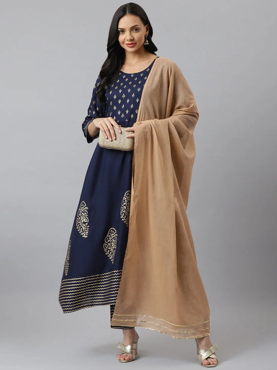 Women's Gold Printed Rayon Flared Kurta Pant Dupatta Set