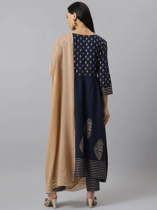 Women's Gold Printed Rayon Flared Kurta Pant Dupatta Set