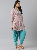 Women's Floral Printed Cotton A-Line Kurta Dhoti Pant Set