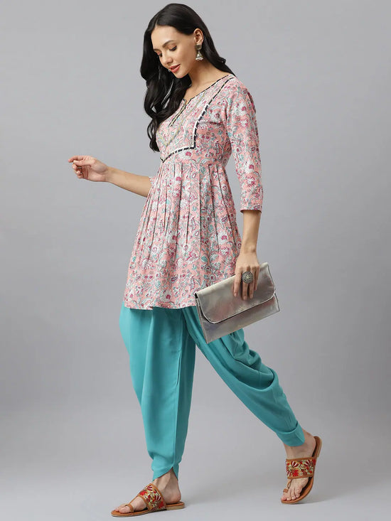 Women's Floral Printed Cotton A-Line Kurta Dhoti Pant Set