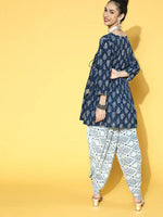 Women's Indigo Printed Cotton Short Kurti with Dhoti Pant