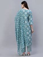 Women's Printed Cotton Straight Kurta Pant Dupatta Set-AquaChecksKPDSet-XS